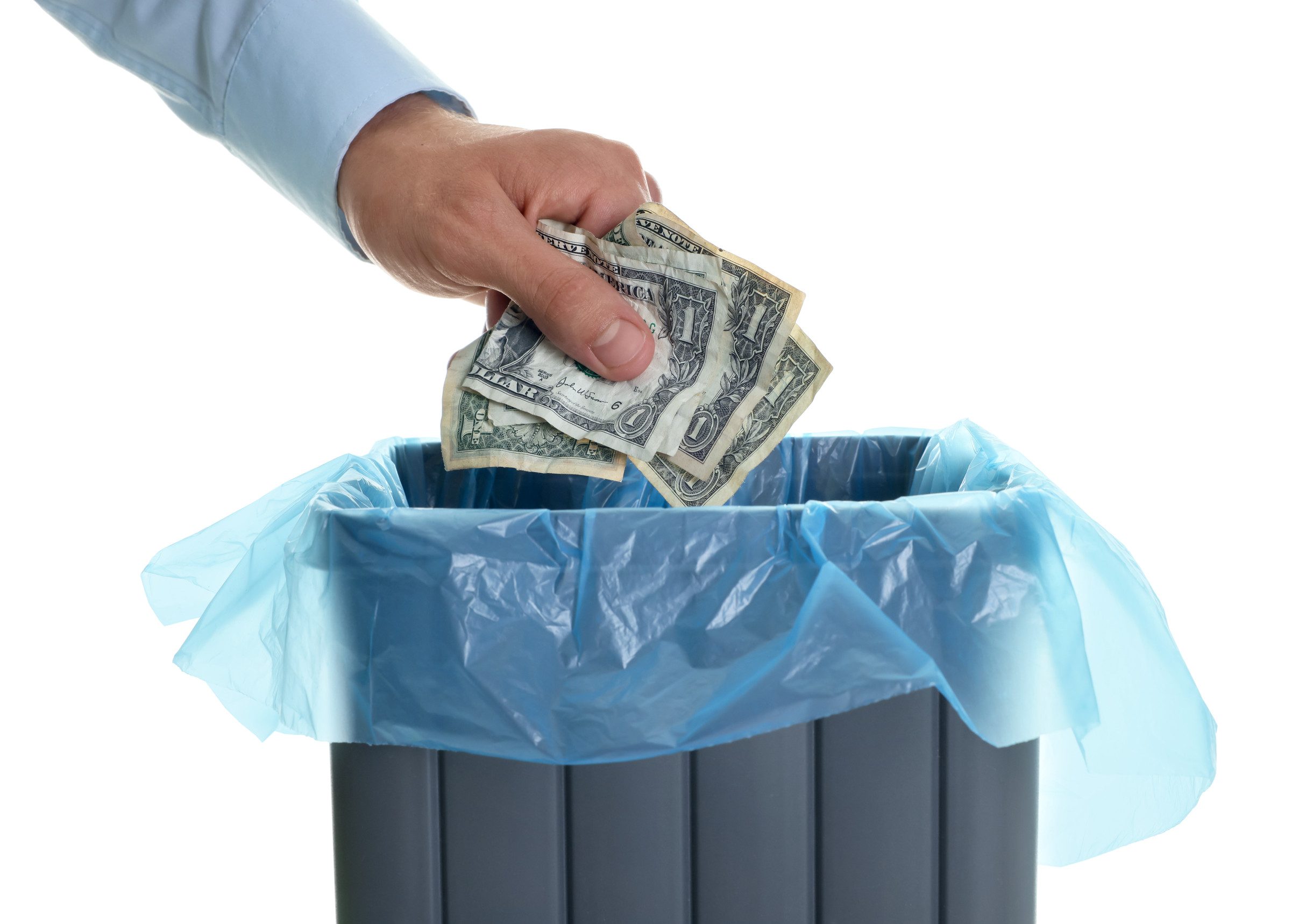 Man throwing money into trash bin on white background, closeup Lead Generation Management