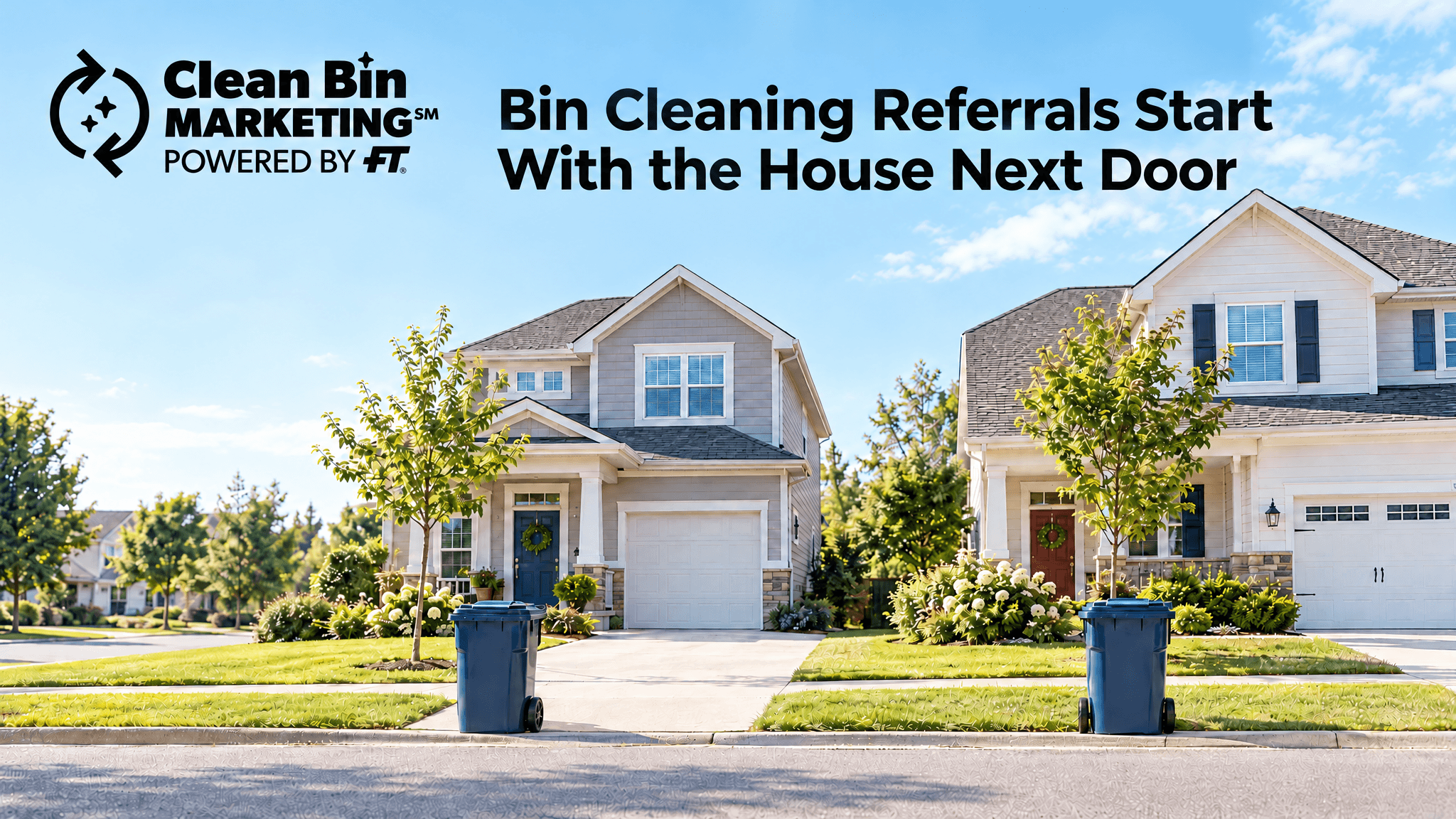 Two neighboring suburban homes with clean blue trash bins at the curb under a bright sky, beside the Clean Bin Marketing logo and the title “Bin Cleaning Referrals Start With the House Next Door”